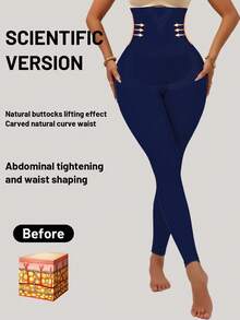1Pc High Waist Tummy Control Yoga Pants, Slimming Butt Lifting Stretchy Cropped Leggings, Suitable For All Seasons Tights Spring - Navy Blue - View 8