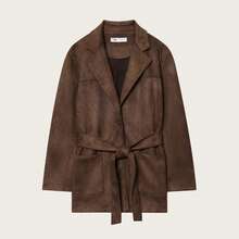 女士时尚休闲麂皮风衣，棕色，带领，长袖，实用口袋，打造时尚造型，适合万圣节穿着 - 咖啡棕 - 查看 2