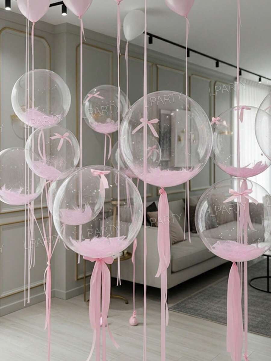 15pcs/25pcs/36pcs 24in/18in/10in Clear Bubble Balloons With Polyester Bow Ties, Pink Birthday Party Decorations Suitable For Birthday Party, Princess Party, Baby Shower, Valentine's Day, Wedding, Bachelorette Party, Party Supplies - Multicolor - View 1