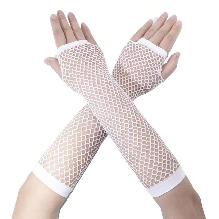 Fishnet Fingerless Gloves Mesh Arm Sleeves Fish Net Arm Sleeves EMO Gloves For Women In Theme Party Scene Accessories{"Size_name":"Long","Color_name":"#08-White(Long)"} - 多色7 - 查看 1