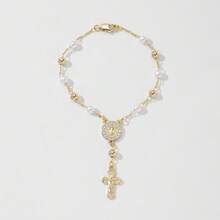 Catholic Pearl Beaded Bracelet, Virgin Mary & Jesus Cross Pendant Rosary Bracelet, Religious Jewelry, Church Baptism Gift, Durable Hypoallergenic Jewelry, Wedding Gift, Unisex - Maria - View 9