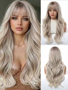 Tóc giả dài 24 inch, kiểu gợn sóng, có mái, chân tóc tối màu, màu nâu, kiểu ombre nâu sang vàng, chất liệu tổng hợp chịu nhiệt, thích hợp cho sử dụng hàng ngày, dự tiệc, cosplay và nhiều dịp khác. - Tóc vàng ombre - Xem 3