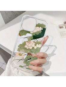 Funda de teléfono móvil con anillo magnético de acrílico transparente de gran agujero con patrón de loto para iPhone 16 15 14 13 12 Pro Max 16 15 14 , funda dura compatible con carga inalámbrica - transparente - Ver 6