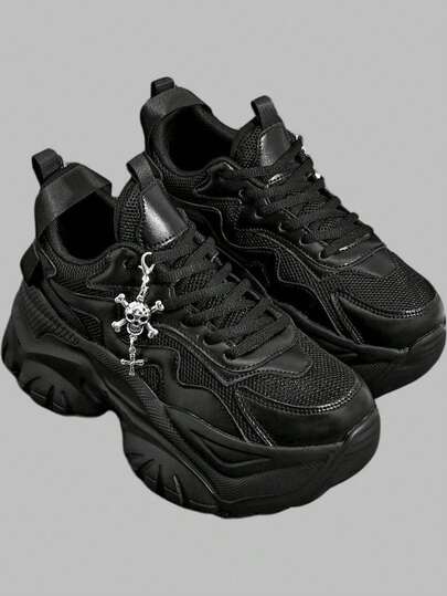 DareSee Women Four-Season Chunky Platform Gothic High Heel Shoes With Metal Decoration Chain, Plus Size Breathable Mesh Lace-Up Casual Sport Sandals, Suitable For Christmas Dark Style With Metal Skull & Cross Ornaments, Comfortable Soft-Sole Shock-Absorbing Running Shoes For Daily, Work, Date, Gym, Round Toe Easy Lace-Up Platform Wedge Shoes, Anti-Slip Wear-Resistant Height Increasing 7CM MusicFest Y2KFest Back To School Autumn Christmas Christmas Winter Christmas Gifts