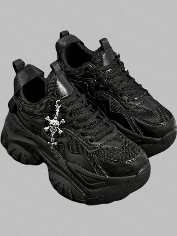 DareSee Women Four-Season Chunky Platform Gothic High Heel Shoes With Metal Decoration Chain, Plus Size Breathable Mesh Lace-Up Casual Sport Sandals, Suitable For Christmas Dark Style With Metal Skull & Cross Ornaments, Comfortable Soft-Sole Shock-Absorbing Running Shoes For Daily, Work, Date, Gym, Round Toe Easy Lace-Up Platform Wedge Shoes, Anti-Slip Wear-Resistant Height Increasing 7CM MusicFest Y2KFest Back To School Autumn Christmas Christmas Winter Christmas Gifts