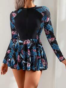 Summer Women's Long Sleeve Tropical Pattern High Neck Zip Knitted Swimsuit With Shorts Bottom Medium Stretch Fabric - Multicolor - View 3