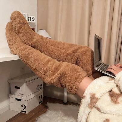 1双女士冬季过膝毛绒长袜，舒适保暖，毛茸茸的长腿保暖袜，冬季居家蓬松睡袜，毛绒过膝保暖长筒袜，保暖袜，女士袜子，圣诞袜，孕妇袜，可作露趾袜或无脚袜穿着