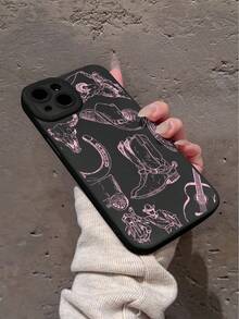 1pc Western Style Line Art Horse, Cow Bone, Guitar Pattern Black Cat Eye Full Coverage Phone Case Compatible With Iphone 11/12/13/14/15/16 Pro Max