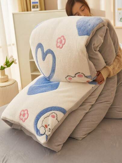 1pc Cartoon Wave Gray Printed Milk Plush Faux Fur Duvet Cover, 2-In-1 Quilt Cover (Without Inner Filling), Warm Blanket For Autumn/Winter, Suitable For Living Room, Sofa, Bedroom, Dormitory