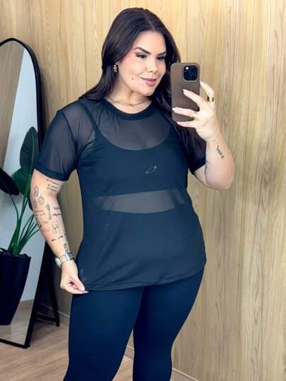 blusa plus size tule feminino academia treino  Tropical    Pano    Transparente    Esportes e Fitness