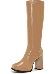 Wide Calf Plus Size Women's 70s Gogo Tall Knee High Square Toe Chunky Heel Retro Fashion Vintage Boots - 棕褐色專利 - 查看 1