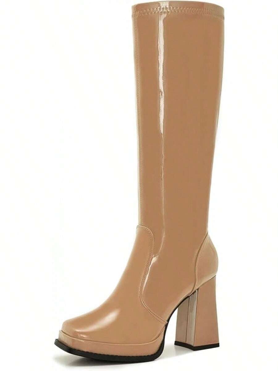 Wide Calf Plus Size Women's 70s Gogo Tall Knee High Square Toe Chunky Heel Retro Fashion Vintage Boots - 棕褐色專利 - 查看 1