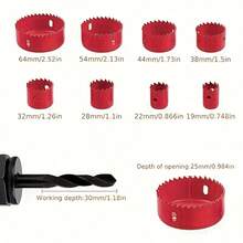 11-Piece Hole Saw Set With 8 Carbon Steel Blades (19mm-64mm) - Woodworking Hole Cutting Tools With Hex Wrench, Suitable For Softwood, PVC, And Plastic - Black And Red - 紅色 - 查看 2