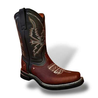 Bota Vaquera Hombre Casual O Uso Rudo Piel Res Bordada Chata