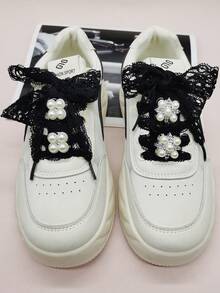 4pcs/6pcs Black & White Lace Shoelaces Decor, Y2K Style Faux Pearl Bow Flower Shoe Charms, Silver Resin Shoelace Clips DIY Accessories For Women's Sneakers, Boots, Suitable For Christmas, Halloween, Valentine's Day, Birthday, Holiday Party (Shoes Not Included) - Multicolor - View 5