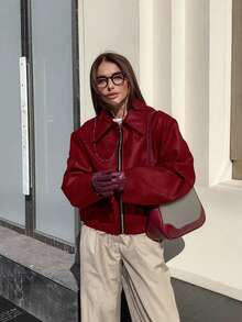 Vintage Casual Motorcycle Style Leather Jacket For Women, Thin Lightweight Matte Finish, Fashionable Zipper Closure, Spring - Red - View 2