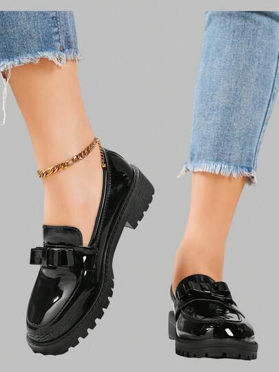 DareSee 春秋新款厚底坡跟尖头乐福鞋，加厚鞋底，英伦风低跟/粗跟/方跟，时尚百搭深V蝴蝶结女鞋，适合音乐节、Y2K音乐节、秋冬送礼等场合。