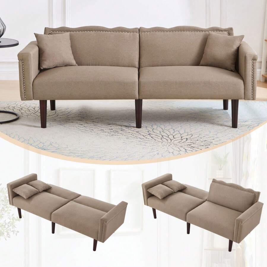[2-In-1 Multifunctional Sofabed] Zweisitzer-Sofa, Sofa Mit Liegefunktion, Unabhängig Verstellbare Doppelrückenlehnen, Metallverzierungen, Baumwoll-Leinen-Stoff, High-Quality Schaumstoff - Antique Brown + Foam + 2 Seat - View 1
