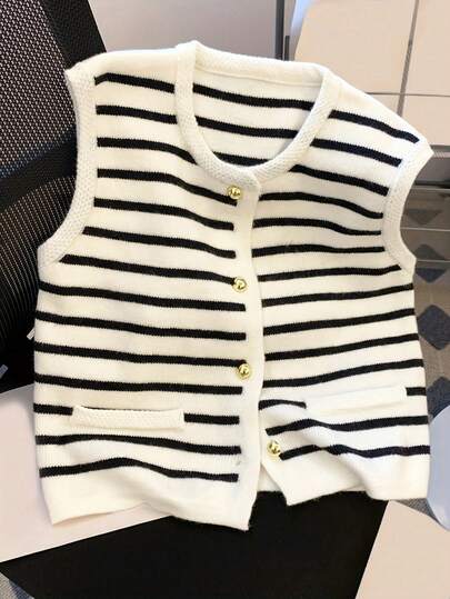 Plus Size Women's White & Black Striped Contrast Color Metal Button Knitted Vest