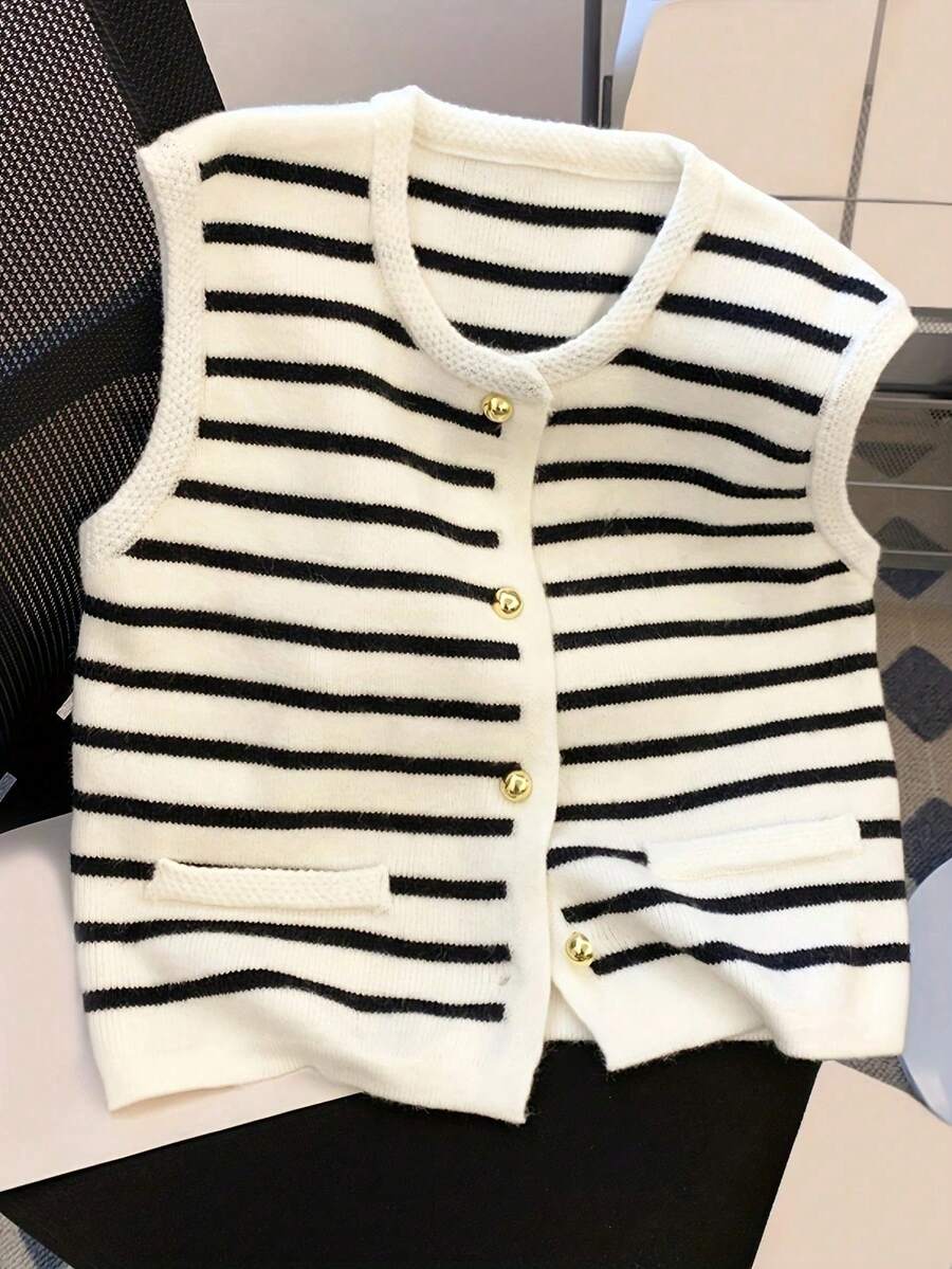 Plus Size Women's White & Black Striped Contrast Color Metal Button Knitted Vest - White - View 1