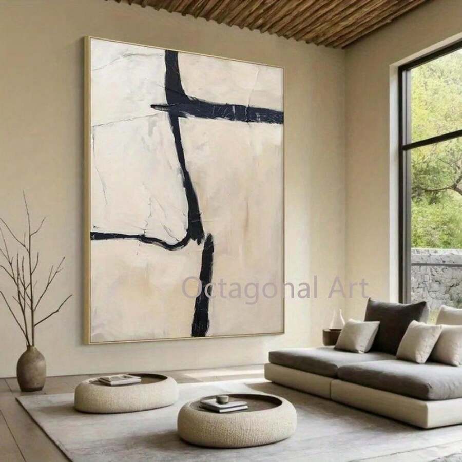 [Abstract Canvas Wall Art] Hand-Painted Abstract Canvas Wall Art - Beige White & Black Textured Modern  Design, Minimalist Aesthetic For Living Room, Bedroom, Home Office Decor - Unique Oil Painting Artwork, Canvas Wall Art Ready To Hang, Bedroom Wal - 彩色 - 查看 1