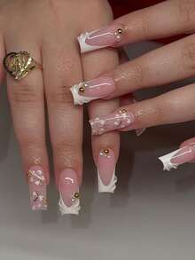 24片长方形3D凝胶美甲贴纸，打造莲花美甲，珍珠装饰设计，法式亚克力按压式美甲，完美贴合，套装包含：1片果冻凝胶和1个指甲锉，让您的指尖闪耀动人，适合女性日常工作和派对。 - 白色 - 查看 2