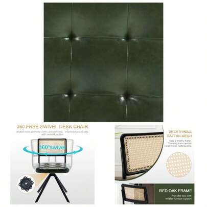 Rattan Desk Chair No Wheels, Mid Modern Home Office Chair With Cane Mesh Wooden Back, Vintage Faux Leather Swivel Accent Chair, Upholstered Armless Co