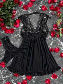 Plain    Ruffle  Sheer  Ruffle Hem - màu đen - Xem 3