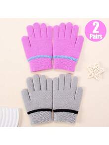 2双儿童针织保暖手套，防风防寒户外骑行提花手套