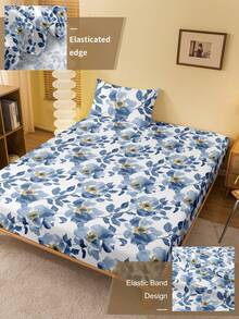 1件蓝色花卉印花床笠，柔软、防皱、透气，适合9英寸至12英寸厚的床垫，居家和宿舍必备，卧室装饰，舒适柔软，送给她的礼物，加大尺寸，皇后/国王尺寸，可机洗，通过Oeko-Tex认证 - 彩色 - 查看 6