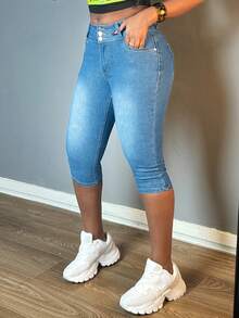 Women Stylish Single-Breasted Capri Jeans, Casual Style, Stretchy Denim Tapered Pants For A Variety Of Outfits - 淺色水洗藍 - 查看 4