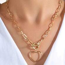Open Heart Pendant Toggle Chain Necklace For Women - Chunky Link Chain Statement Jewelry |   Stylish For Daily & Party, Romantic & Edgy Vibe - 金黃色 - 查看 7