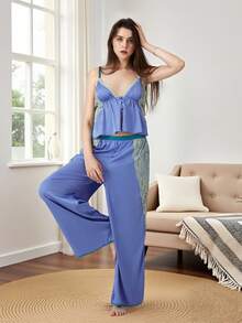 Women's Pajama Sets Lace Patchwork Spaghetti Strap Ruffled Cami Tops With Loose Pants 2Pcs Soft Sleepwear - Blue-purple - View 9