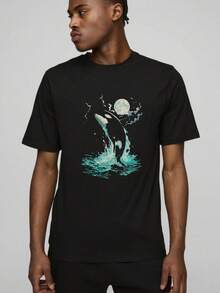 Round Neck Black T-Shirt with Orca Whale and Moon Print for Casual Wear - Negro - Ver 5