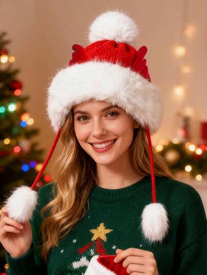 1pc Christmas Deer Horn Plush Santa Hat, Cute Furry Earmuffs Winter Warm Hat, Suitable For Autumn/Winter Christmas Holiday Wear