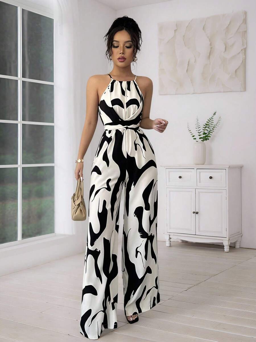 Palazzo Elegante,Monos De Mujer Con Cuello De Halter,Con Tela Estampada Y Fruncido,Elegante Para Vacaciones Y Uso Diario - Blanco - Ver 1