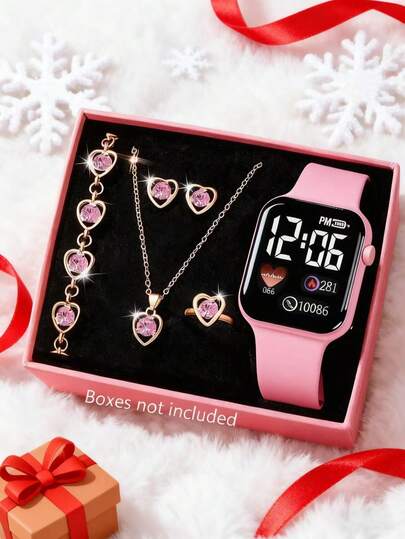 6pcs/Set Girls Cartoon Heart-Shaped Square Digital Watch And Rhinrhino Jewelry Set, Necklace, Bracelet, Earrings, Rings, Birthday Gifts, Back-To-School Season, Thanksgiving, Go Out Everything