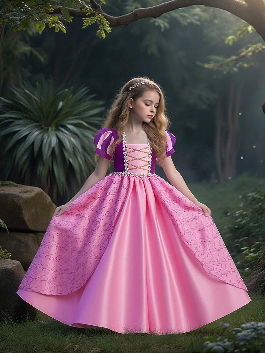 Young Girl Short Sleeve Princess Dress For School, Stage Events, Birthday, Wedding Party, Does Not Include Headband - 紫色 - 查看 1