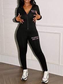Letter Print Long Sleeve Zipper Top Pants Two Pieces Set Women Outfits Street Autumn Winter Sport Cloth Leggings - 黑色 - 查看 3