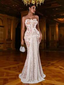 全新时尚女式优雅性感紧身抹胸晚礼服 - 白色 - 查看 1