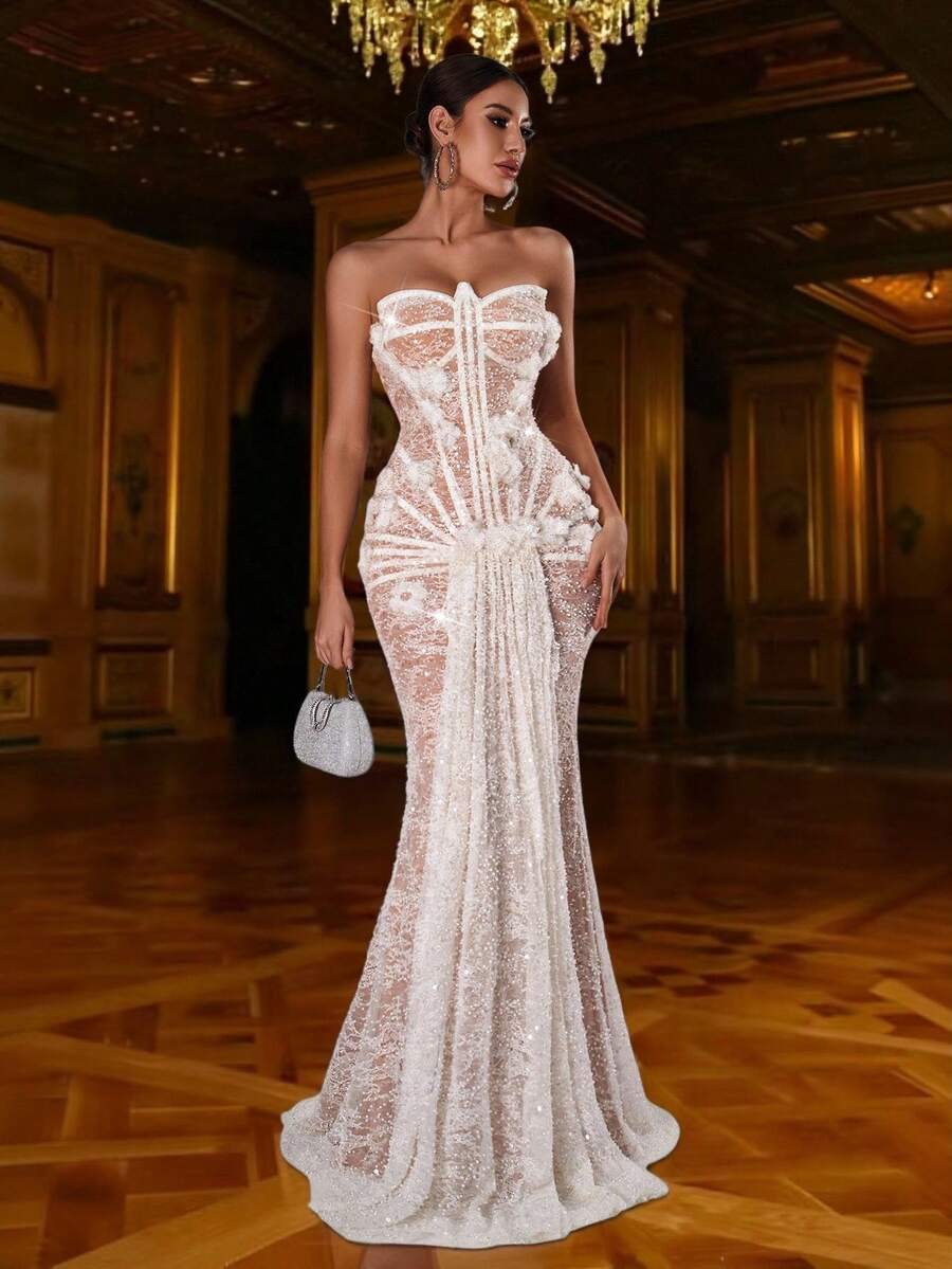 全新时尚女式优雅性感紧身抹胸晚礼服 - 白色 - 查看 1