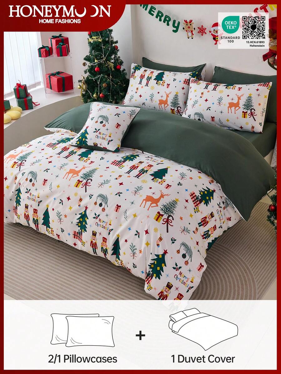 Juego de funda nórdica con estampado de árbol de Navidad y renos (1 funda nórdica + 1/2 funda de almohada, sin relleno), decoración navideña elegante, funda de cama esencial para dormitorio y residencia, certificado Oeko-Tex