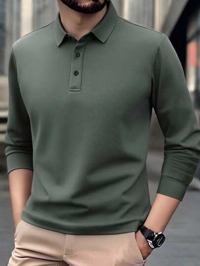 Camisa polo de manga larga para hombre, casual y ligera, de unicolor, estilo de negocios sencillo y de campus, para otoño/invierno