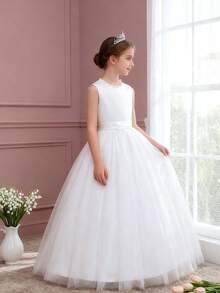 Girls' Elegant Backless Bow Pearls Mesh Sleeveless Maxi Dress, Suitable For Flower Girl, Birthday Party, Stage Performance, Wedding, Prom, Graduation, Christmas