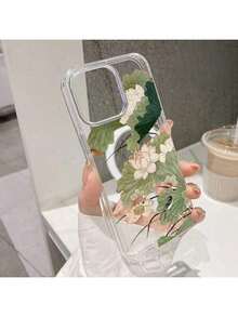 Funda de teléfono móvil con anillo magnético de acrílico transparente de gran agujero con patrón de loto para iPhone 16 15 14 13 12 Pro Max 16 15 14 , funda dura compatible con carga inalámbrica - transparente - Ver 2