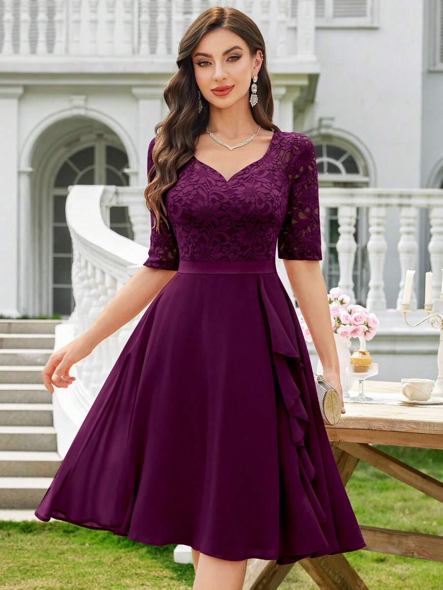 MIUSOL Elegant Maroon Sweetheart Neck Floral Lace A-Line Cocktail Swing Dress, Half Sleeves, Flowing Ruffle Trim Hem, For Wedding Guest, Prom, Evening Party - 紫紅色 - 查看 1