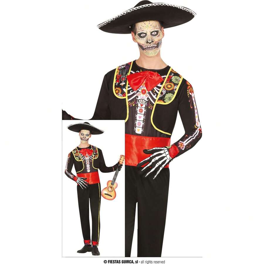 Fiestas Guirca Máscara de Esqueleto Mariachi para Adultos, Fantasia Temática do Dia dos Mortos com Caveira Decorada, Ideal para Celebrações Festivas, Halloween e Eventos Culturais, Disponível em Vários Tamanhos - Multicolorido - Ver 1