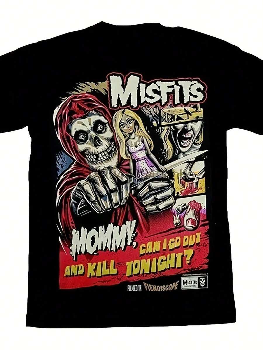 1E Men's Misfits TV Show Inspired Fiendiscope Kill Design T-Shirt - Funny "Mommy Can I Go Out & Kill Tonight?"Slogan & Iconic Characters - Soft Breathable Black Cotton Tee For Horror Comedy Fans, Halloween Costumes & Casual Wear (Adult Sizes - Mặc định - Xem 1