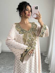 Women's V-Neck Embellished Flared Sleeve Flowy Dress ,Arabic Style Jalabiya Dresses For Women Casual , Spring/Summer, Arabian Dresses, Modest