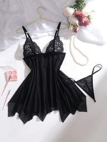Sexy Lingerie, Sexy Suspender Nightgown, See-Through Temptation Nightgown Set, Thong - Black - View 1